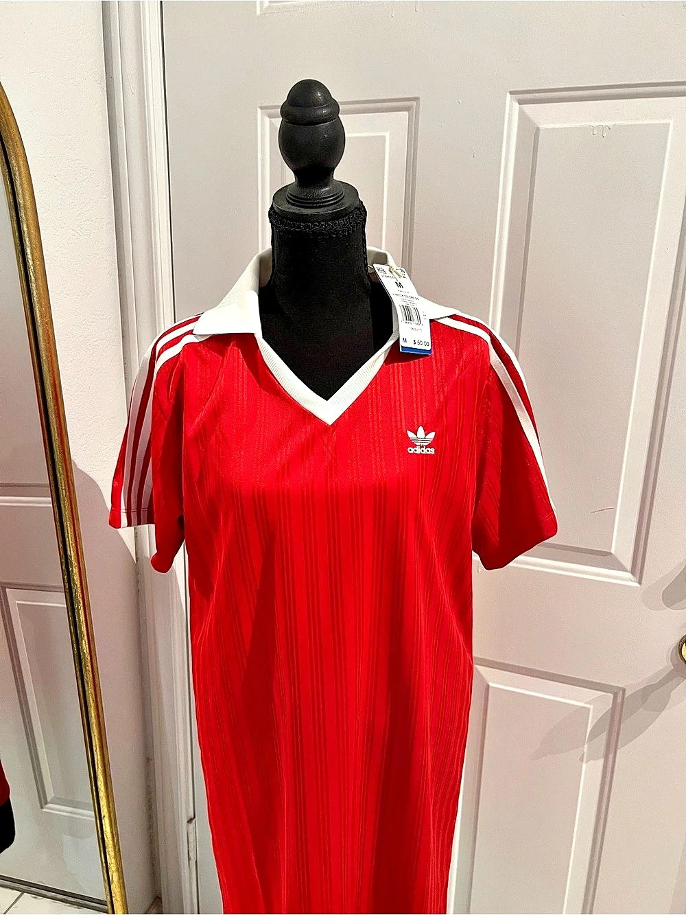 adidas Originals V-Neck SS Dress Striped Jersey Red & White Medium